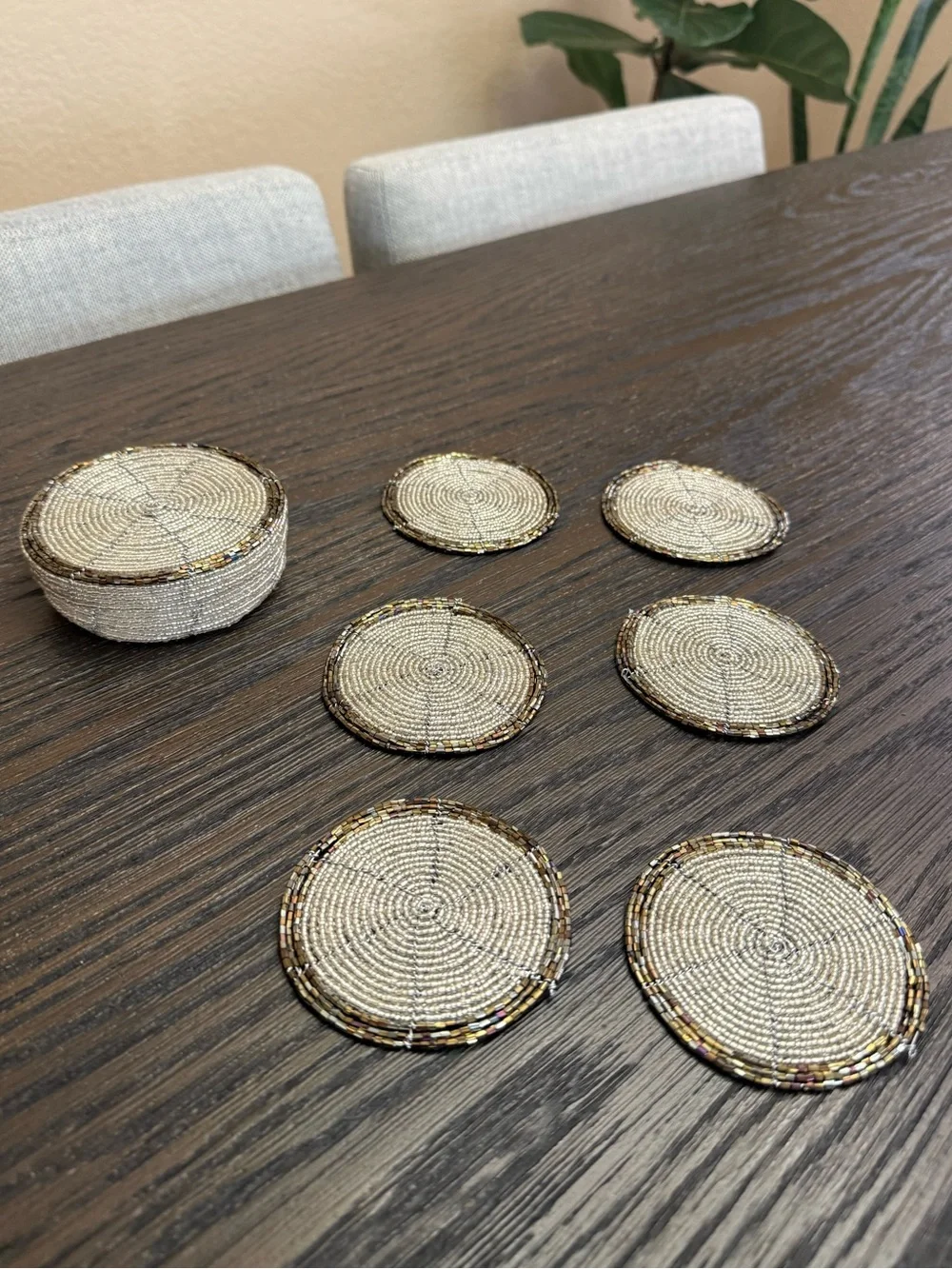 NWOT Handmade Kenyan Beaded Coasters Set of 6 with Matching Storage Box